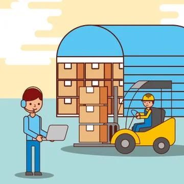 Warehouse workers operator and driver forklift with boxes イラスト素材