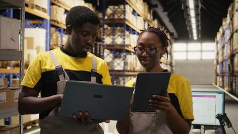 Warehouse workers overseeing parcels tracking info on gadgets Stock Photos