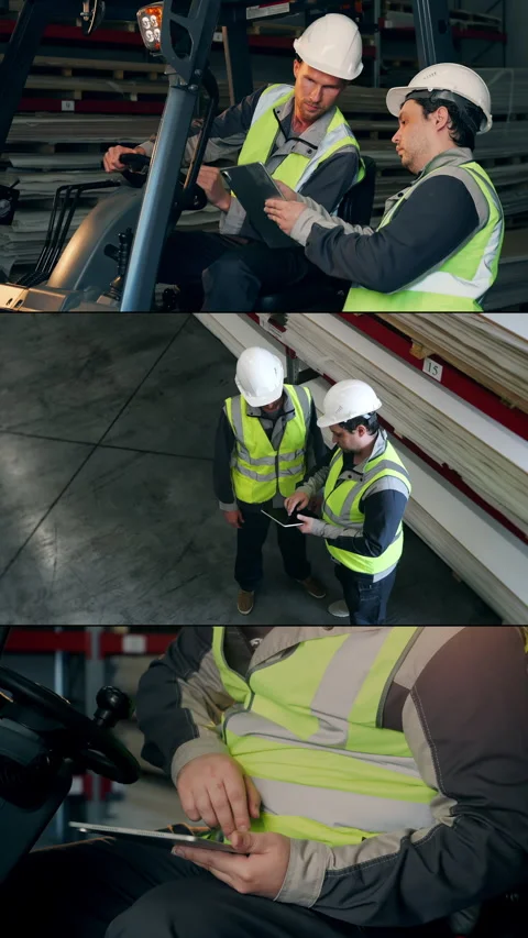 Warehouse Workers Reviewing Inventory Data on Tablet Near Forklift. Stock Footage 345781967