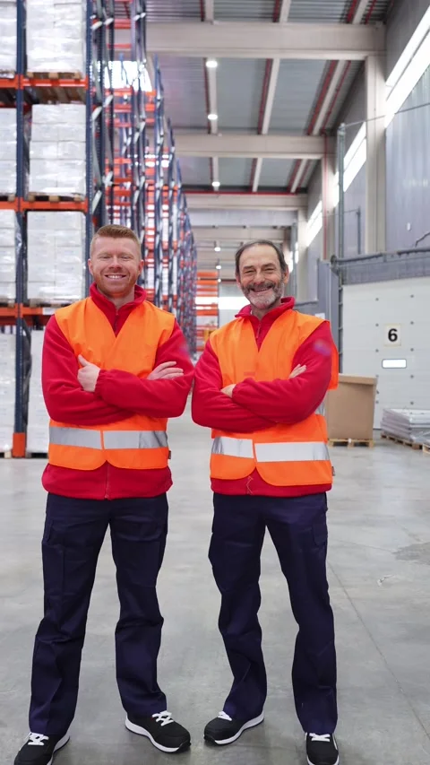 Warehouse workers smiling with arms crossed Stock Footage 312856483