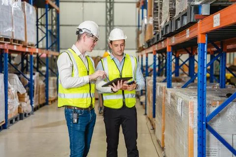 Warehouse workers talking together checking goods in storage Stock Photos