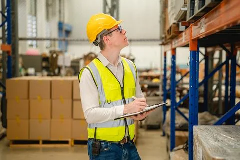 Warehouse workers talking together checking goods in storage Stock Photos