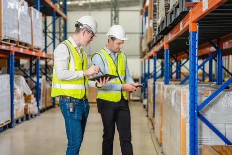 Warehouse workers talking together checking goods in storage Stock-Fotos