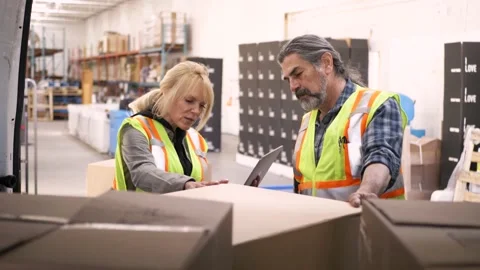 Warehouse workers unloading boxes from van at loading dock 스톡 동영상 221033375