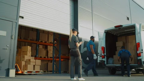 Warehouse Workers Unloading Van Stock Footage 157116121