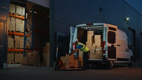 Warehouse Workers unloading Van Vehicle Stock Footage 157117588