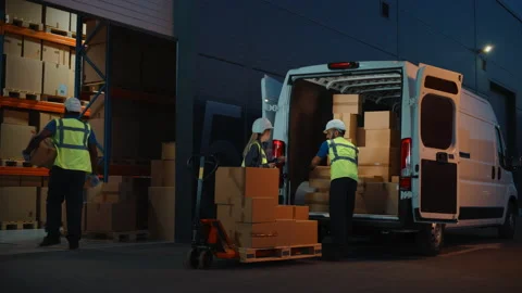 Warehouse Workers unloading Van Vehicle Stock Footage 157117670