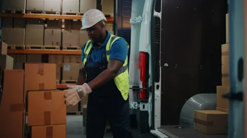 Warehouse Workers unloading Van Vehicle Stock Footage 157117849