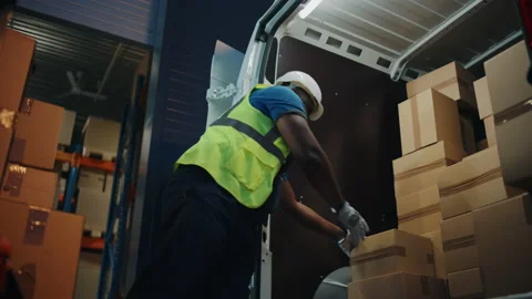 Warehouse Workers unloading Van Vehicle Stock Footage 157117934