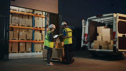 Warehouse Workers unloading Van Vehicle Stock Footage 157118085