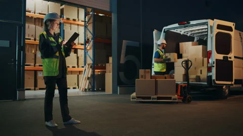 Warehouse Workers unloading Van Vehicle Stock Footage 157118190