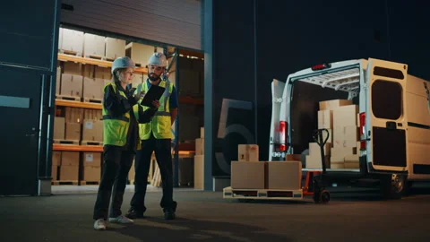 Warehouse Workers unloading Van Vehicle Stock Footage 157118333