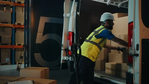 Warehouse Workers unloading Van Vehicle Stock Footage 157118516