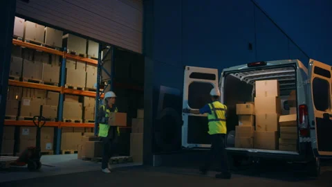 Warehouse Workers unloading Van Vehicle Stock Footage 157119583