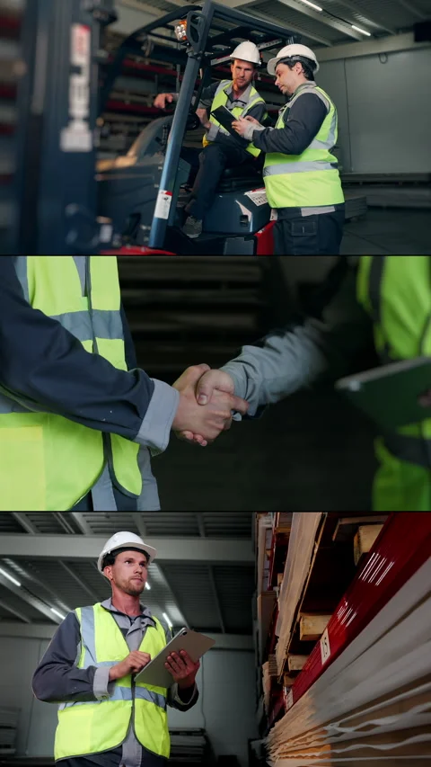 Warehouse Workers Using Tablet and Shaking Hands During Inventory Inspection. Stock Footage 345780939