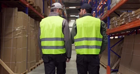 Warehouse workers walking aisle between shelves with boxes, logistics and safety Stock Footage 326795585