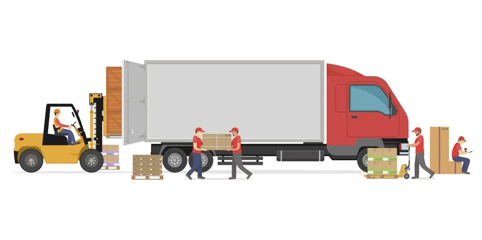 Warehouse workers work in the warehouse. Workers loading parcels into a truck. Stock Illustration