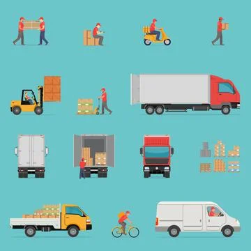 Warehouse workers work in the warehouse. Workers loading parcels into a truck Stock Illustration