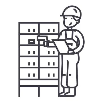 Warehouse,delivery man checking barcode on post boxes vector line icon, sign, Stockillustratie
