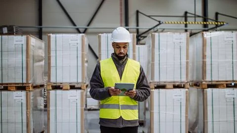 Warehouseman with tablet checking delivery, stock in warehouse. Warehouse Foto stock