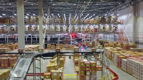 Warehouses large logistics commerce structure with boxes on the shelf Stock Footage 122123407