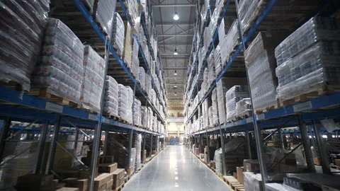 Warehouses large logistics commerce structure with boxes on the shelf. Teamwork Stock Footage 199490292