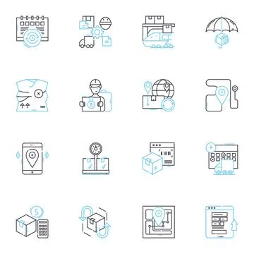 Warehousing solutions linear icons set. Storage, Logistics, Inventory Illustrazione stock