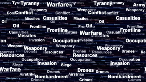 WARFARE Seamless Endless Keywords Animation, Background, Loop Stockbeeldmateriaal 331099032