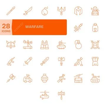 Warfare Vector Icon Library with 32 Thin Line Retina Ready Grid Fitted Design Stock Illustration