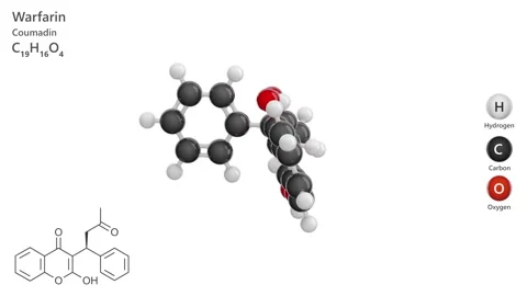 Warfarin. 3D model of a molecule.  C19H16O4. White background. 3D render Stock Footage 292887871