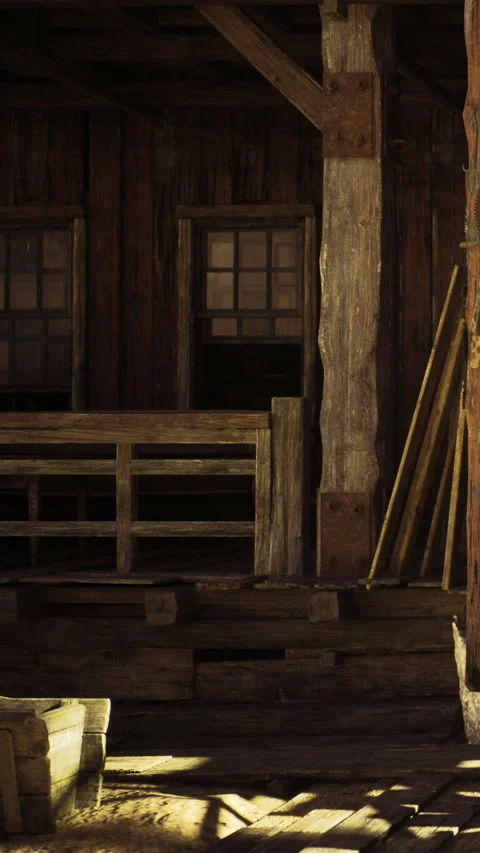 Warm afternoon light bathes rustic wooden barn revealing its character Stock Footage 331840397