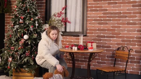 Warm and cozy winter scene with a poodle, a woman and a beautiful Christmas tree Stock Footage 294049105