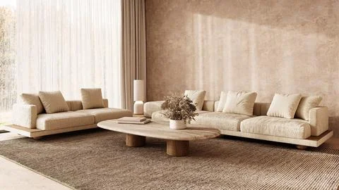 Warm and inviting boho scandinavian living room with textured sofas and wooden 스톡 일러스트