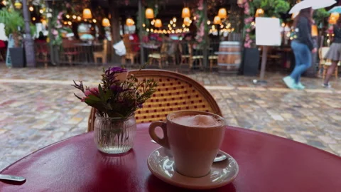 A Warm and Inviting Cafe Scene Showcasing Delicious Coffee and Stunning Flower Stock Footage 318554487