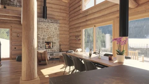 Warm and inviting interior of a luxurious mountain chalet with a stone fireplace Stock Footage 335198950