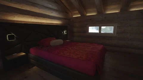 Warm and inviting rustic bedroom interior inside a modern mountain lodge with a Stock Footage 335757070
