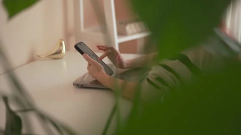 In a warm and inviting workspace filled with lush greenery, an individual uses Stock Footage 317021219