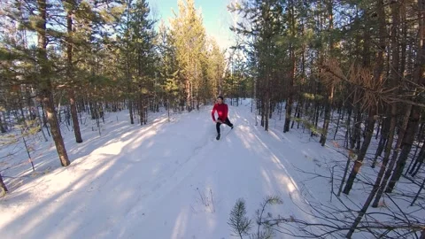 Warm up and jogging in the winter forest. 2 Shots. Stockbeeldmateriaal 150800196