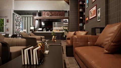 Warm and Modern Cafe Interior with Cozy Armchairs, Green Wall Panel Stock Footage 325636932