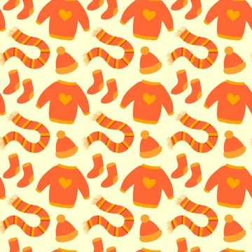 Warm autumn clothes seamless pattern. Knitted sweater, hat, scarf, socks. Stock Illustration