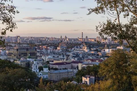 Warm Autumn Landscape view of the Kyiv city area Podil Stock Photos