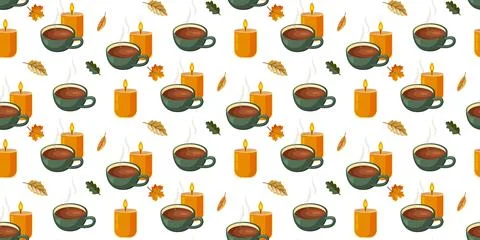 Warm Autumn Pattern with Candles and Mugs Illustrazione stock