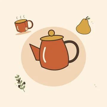 Warm autumn tea with fruit and foliage. Decorative flat vector composition wi Stock Illustration