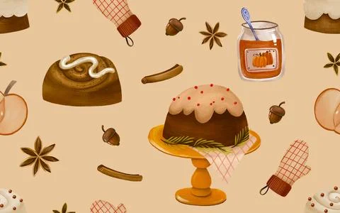 Warm beige seamless watercolor pattern packed with delicious fall pastries,.. Stock Illustration