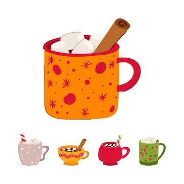Warm beverage cups with marshmallows and candy canes Stock Illustration