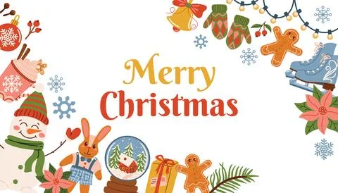 Warm Christmas card with holiday elements like fir branch, toy, cocoa, plus.. Stock Illustration