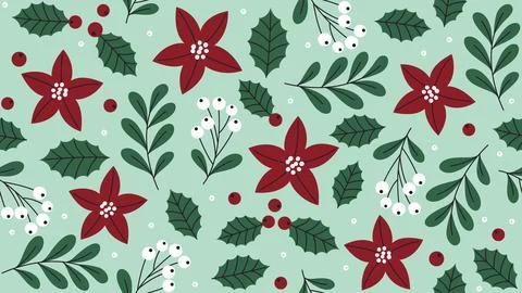 Warm Christmas Seamless Pattern with Red Flowers Holly Leaves White Berries.. Stock Illustration