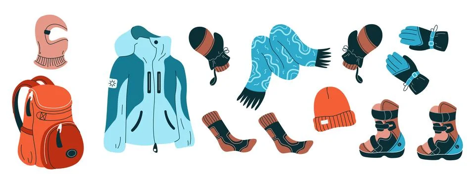 Warm clothes and backpack for winter sport vector objects Stock Illustration