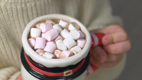 Warm cocoa topped with soft marshmallows in charming snowman mug creates cozy Video stock 322195854