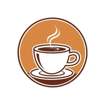 (Warm Coffee Mug Emblem. Stylized graphic of a hot drink on a saucer within.. Stock Illustration